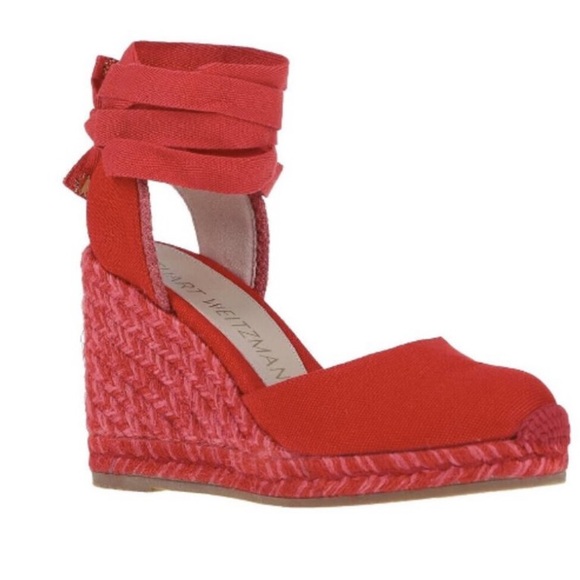 Stuart Weitzman Marguerita Canvas Wedge Sandal Red Size 6.5 pre-owned - Picture 1 of 13